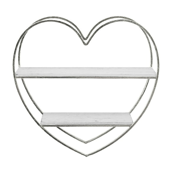 Sagebrook Home Metal/Wood 2 Tier Heart Wall Shelf, White/Silver, Heart, Plywood, Contemporary, 20"L X 5"W X 20"H, Solid Color