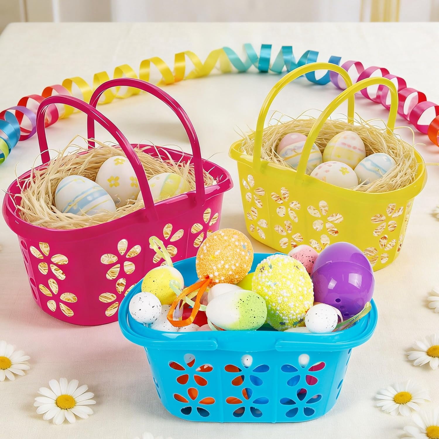 12 Packs Easter Baskets, 6.5"x4.5"x3.2" Colorful Kids Baskets with Handles, Empty Plastic Easter Basket for Egg Hunt Party Favors