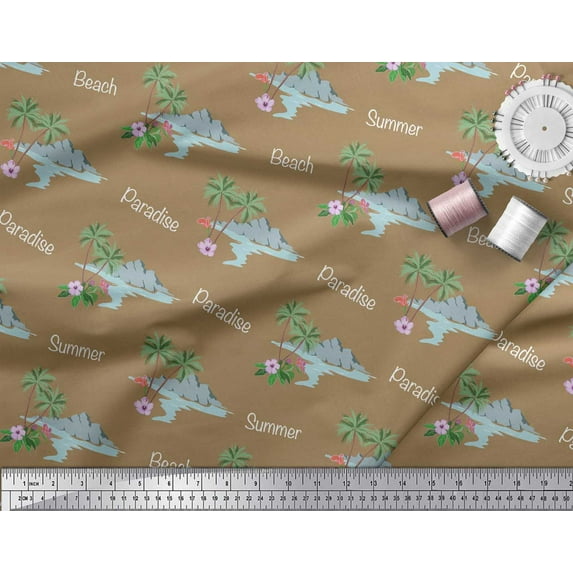 Soimoi Brown polyester Crepe Fabric Palm Tree & Beach Summer Designs Fabric Prints By Yard 52 Inch Wide
