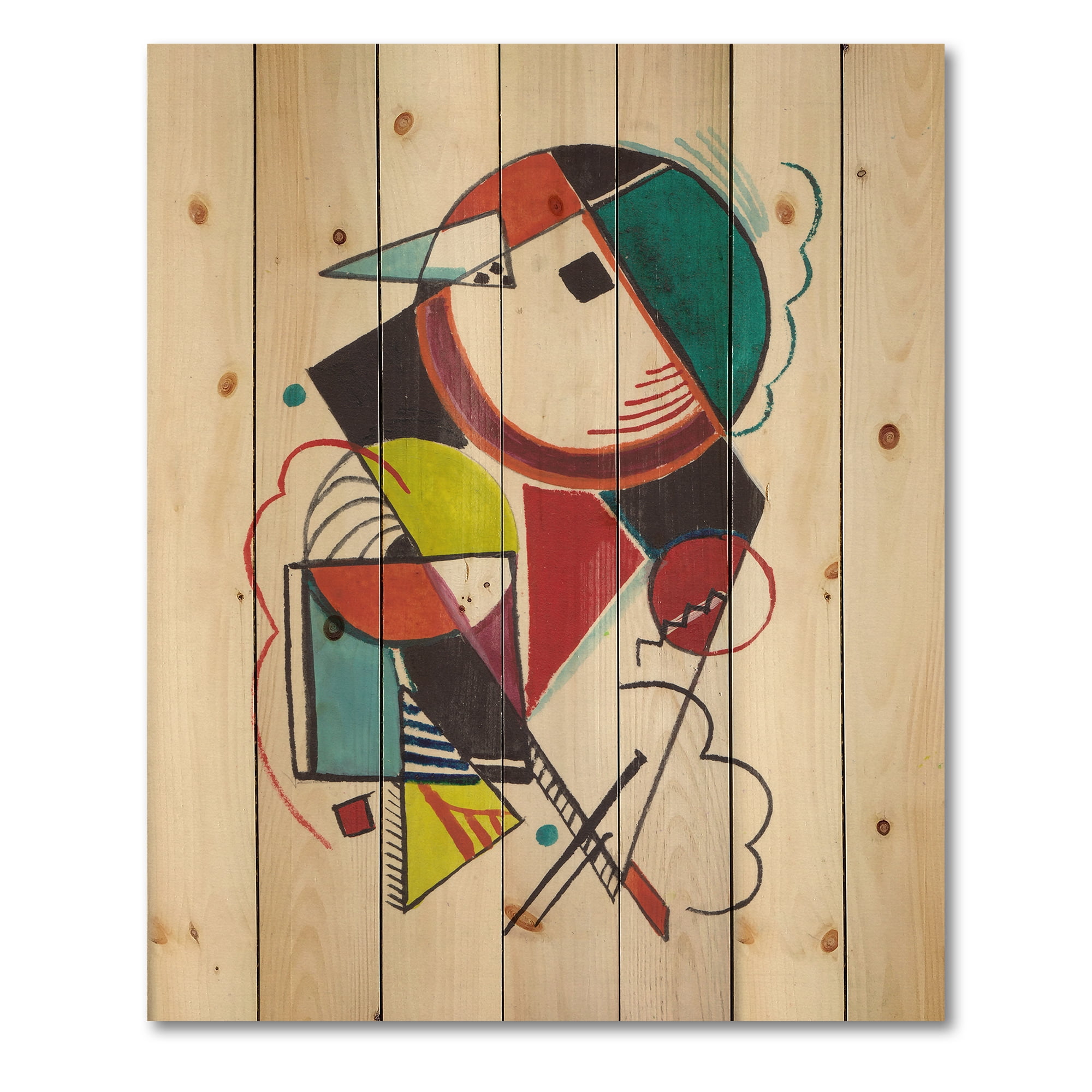 Designart 'Abstract Compositions Of Colored Geometric II' Modern Print on Natural Pine Wood