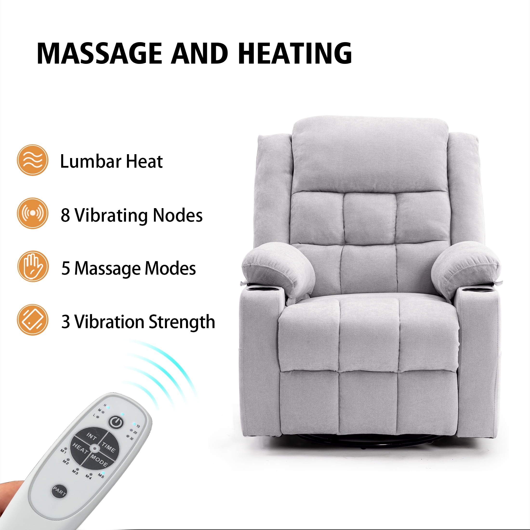 Sfxingyou  Power Swivel Rocker Recliner Massage Chair, USB and Type-C Ports, Electric Recliner Glider Reading Chairs Living Room, Upholstered Soft Fabric Reclining Sofa Chair,Grey