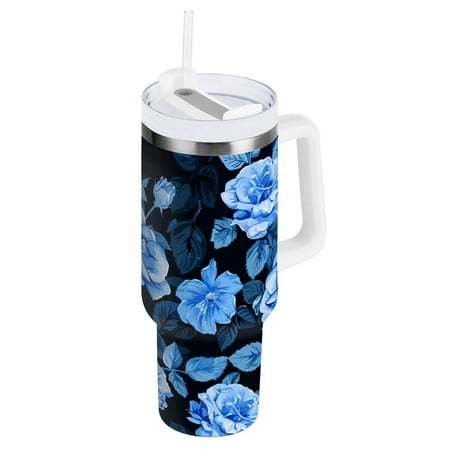 

JSTEL Blue Rose Flower Floral 30 oz Tumbler Stainless Steel Water Bottle Vacuum Insulated Cup with Straw Lid & Handle For Travel Car Cup Holder