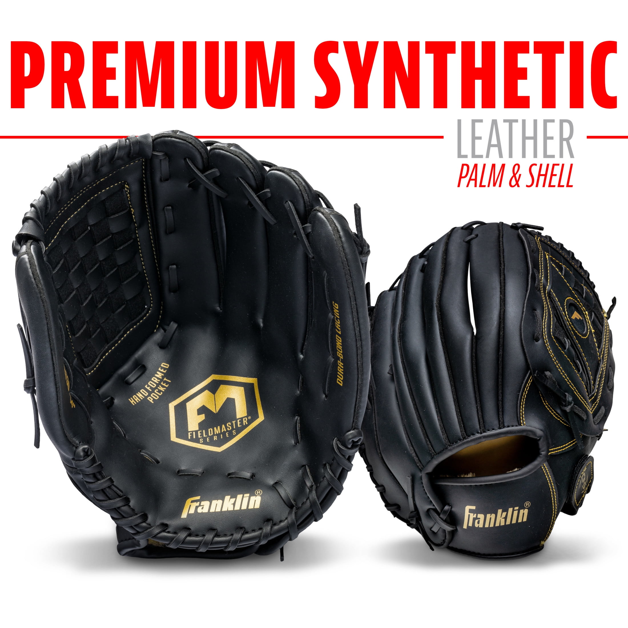 Franklin Sports Field Master Baseball + Softball Glove, 14 in, Black/Gold, Right Hand Throw