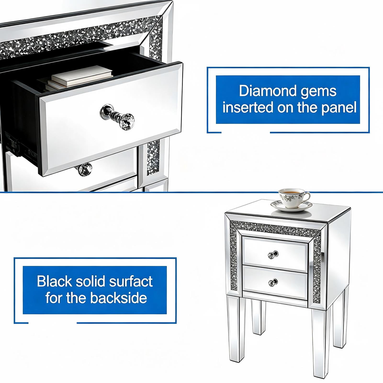 2-Drawer MDF Bedside Table with Mirror Finish, Silver, 16.2 x 13 x 24.8 in