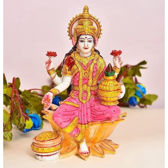 Goddess Lakshmi Marble Dust Idol Statue, Hindu Goddess of Money & Wealth, Antique Finish, Pink, Multicolour