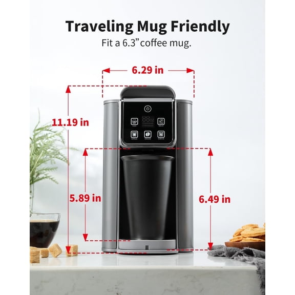 Hot & Iced Coffee Maker with Bold Setting, Single Serve Coffee Maker for K Cup and Grounds, 6-14 Oz Brew Sizes, 50 Oz Removable Water Tank, One Cup Coffee Machine with Reusable Filter, Grey