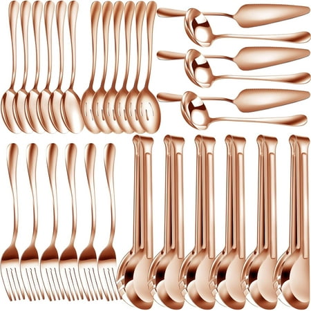 

30 Pcs Stainless Steel Serving Utensils Set Flatware Set Include Large Serving Spoons Slotted Spoons Forks Soup Ladle Pie Server and Tongs for Buffet Party(Rose Gold)