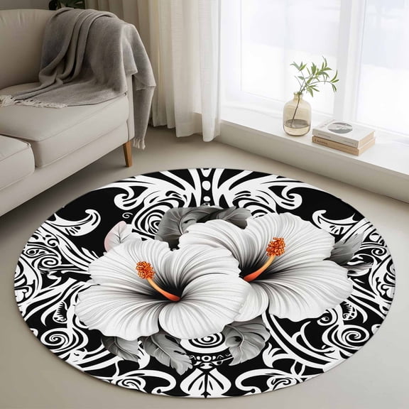 Black White Spring Floral Round Area Rug 4 FT, Non Slip Indoor Outdoor Rug, Summer Botanical Modern Washable Soft Circular Carpet Non-Shedding Floor Mat for Coffee Table Nursery Foyer Balcony