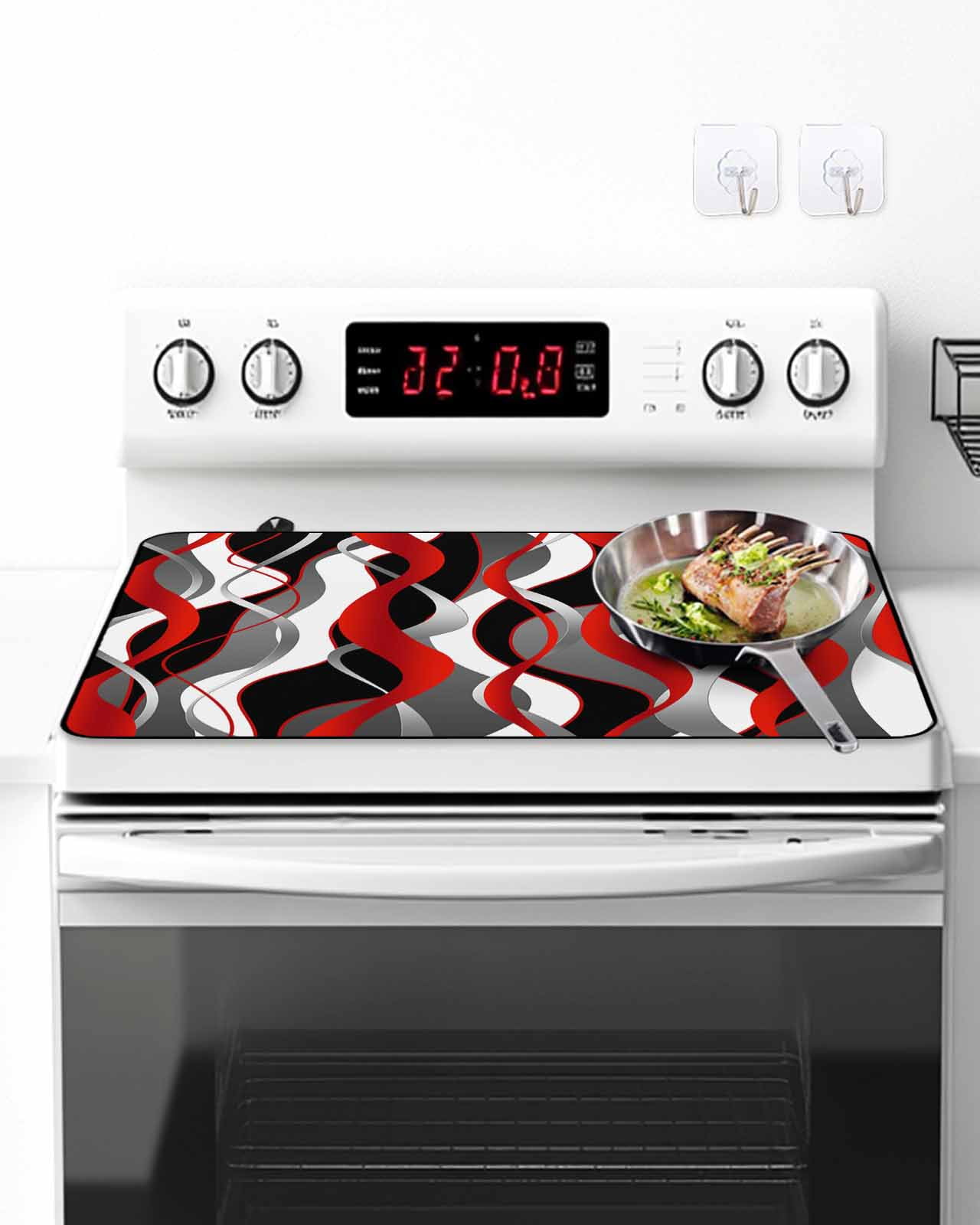 Stove Top Covers for Electric Stove, Red Stripe Glass Stovetop Cover Protector, Grey White Ombre Geometric Modern Abstract Induction Cooktop Protector Oven Mat for Kitchen Countertop 36"x21"