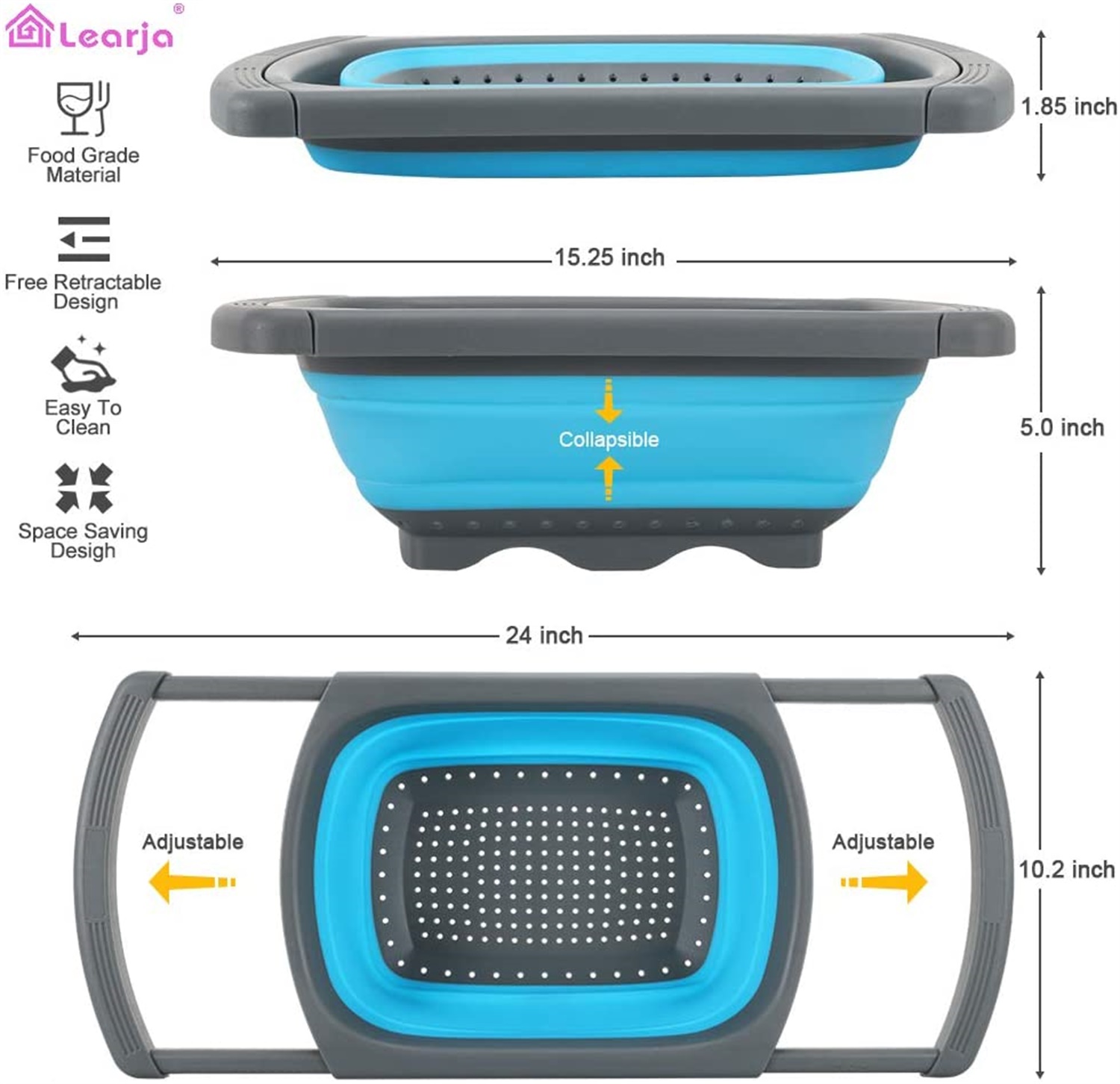 Kepooman Kitchen Over The Sink Collapsible Colander Strainer with Extendable Handles for Vegetable Fruit, Blue Kepooman Kitchen Over The Sink Collapsible Colander Strainer with Extendable Handles for Vegetable Fruit, Blue