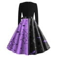 thumbnail image 5 of Women's Halloween Dress Pumpkin Spider Long Sleeve 1950s Hepburn Fall Dress V Neck Cocktail Classic Retro Tea Length Dress with Belt L, 5 of 5