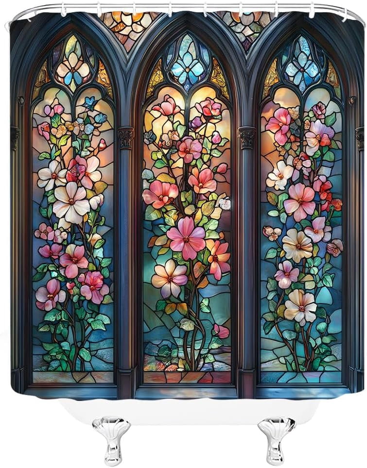 Stained Glass Shower Curtain Abstract Arched Window Antique Fantasy Boho Plant Floral Elegant Ornate Symmetric Vintage Artistic Bathroom Curtain Set Polyester Fabric Hooks 72 X 72 Inch