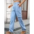 thumbnail image 2 of Women High Waisted Cargo Pants Wide Leg Casual Pants 6 Pockets Trousers Denim Blue XXL, 2 of 6