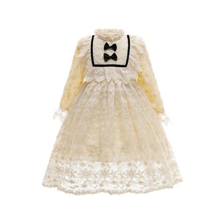 

Toddler Baby Girl Princess Dress Solid Color Lace Round Neck Long Sleeve A-line Tutu Evening Dress