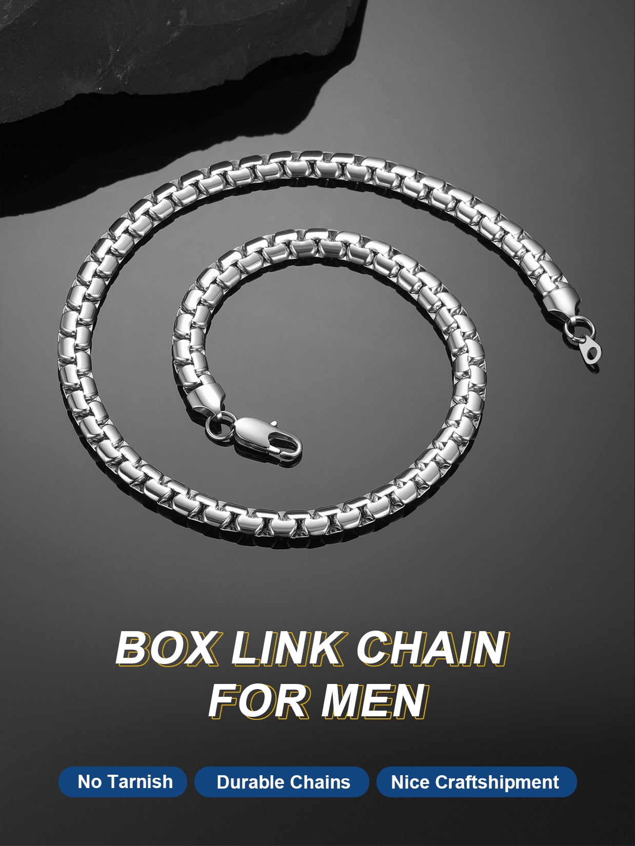 ChainsProMax Stainless Steel Flat Box Chain Male Necklace 20inch 8mm Hip Hop Jewelry Gift for Father