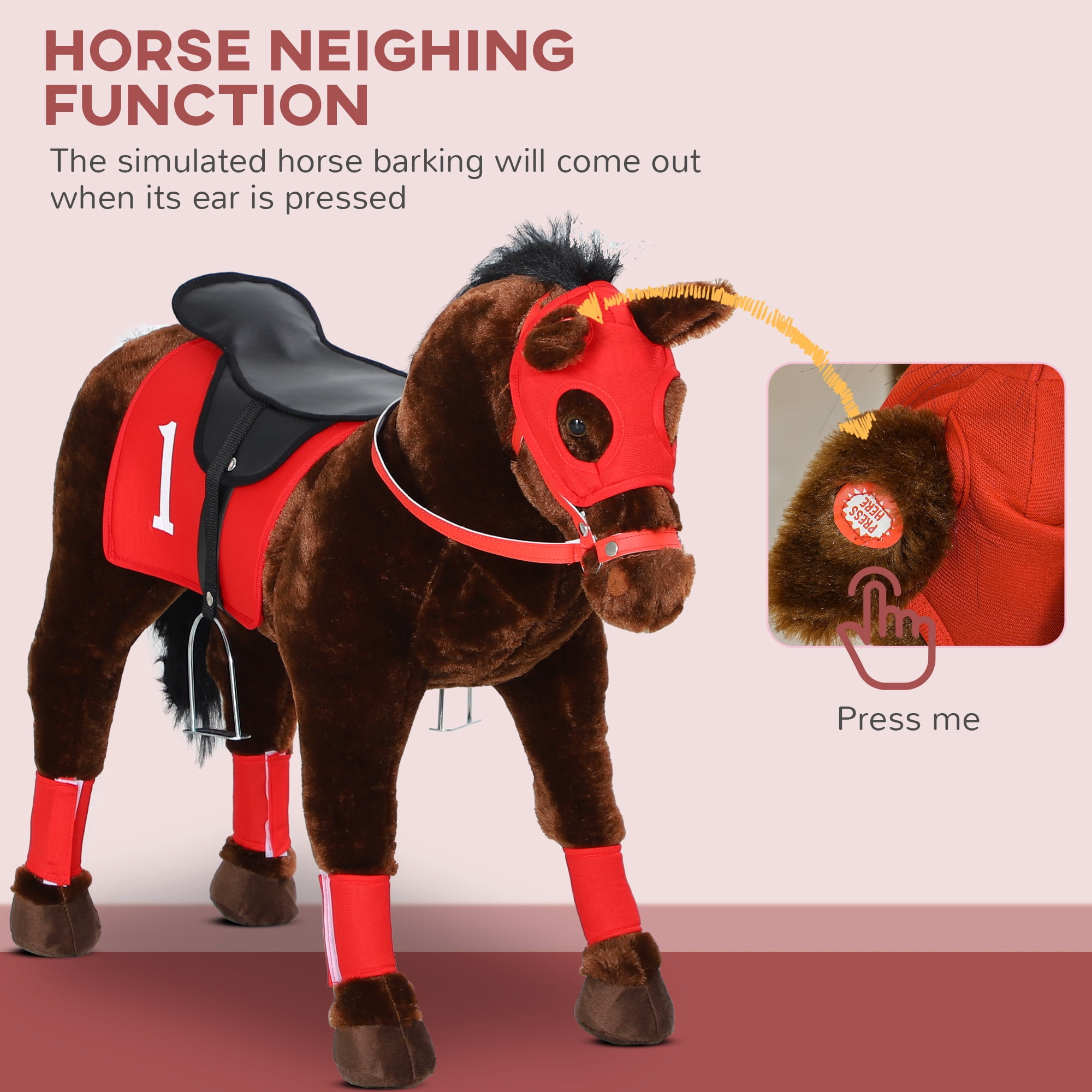 Qaba Ride on Horse for Kids 3-8 Years Old, Toddlers Riding Horse with Neighing Sound, Ride on Animal Pony Toy with Saddle & Stirrups