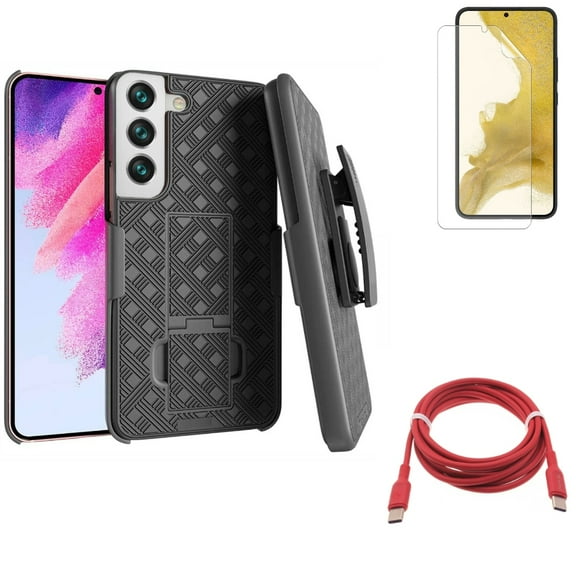 Matte Screen Protector & Red 6ft Long Cable & Case Belt Clip for Samsung Galaxy S22 (6.1") - TPU Film Anti-Glare & USB-C to Type-C PD Fast Charger & Holster Swivel Accessory Bundle