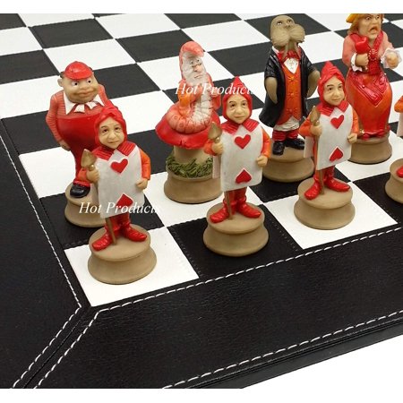 Alice in Wonderland Fantasy Chess Set W/ 18 Black Faux Leather Board