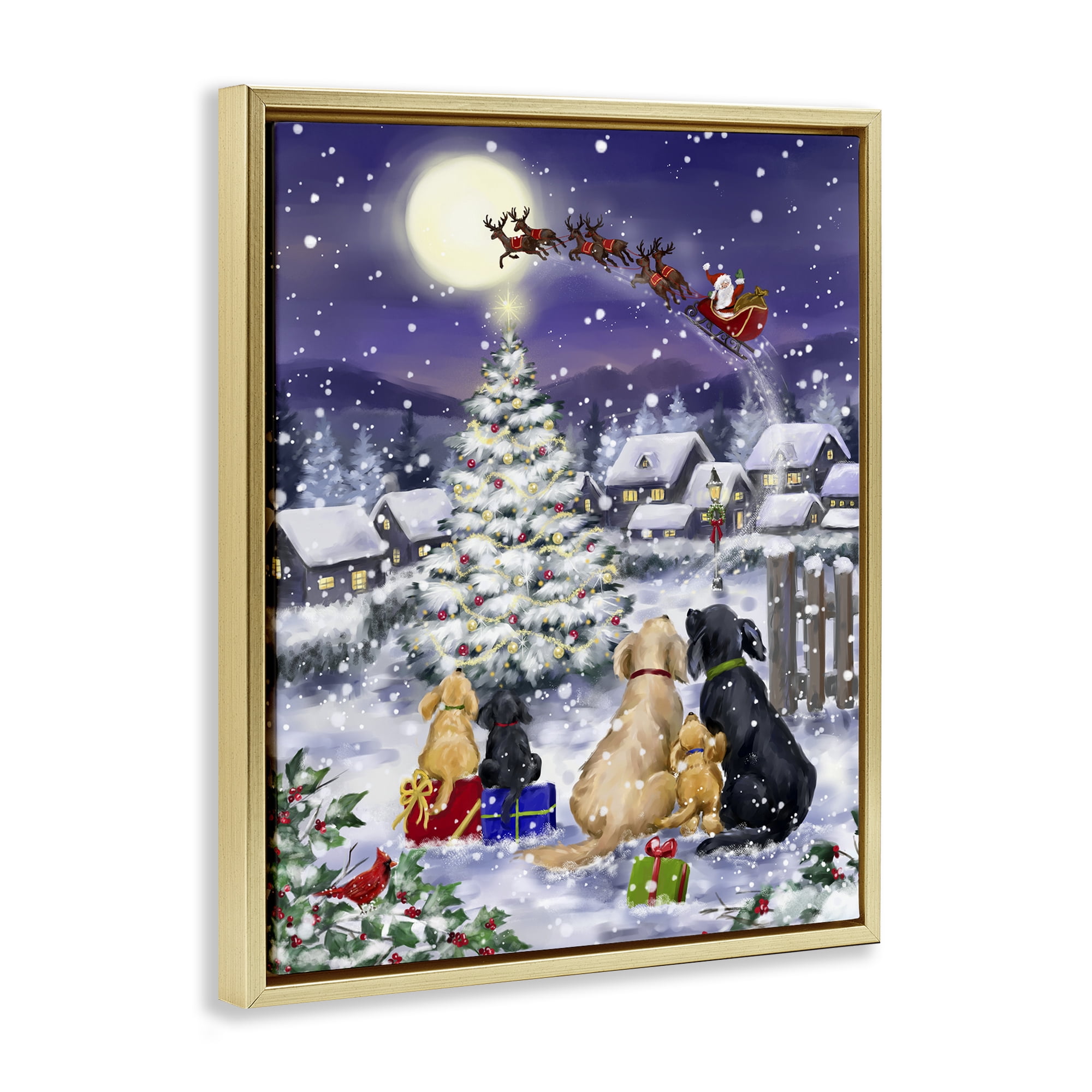 Stupell Industries Dogs Watching Sleigh Holiday Painting Gold Floater Framed Art Print Wall Art, 17 x 21