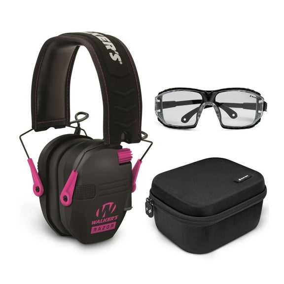 Walker’s Razor Slim Electronic Muff (Black/Pink) with Ballistic Protection Glasses, and Case
