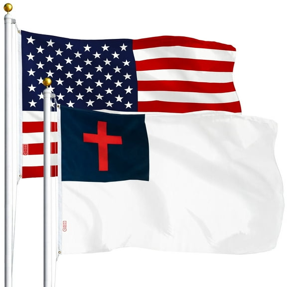 G128 2sets: Both 3x5 ft Printed American USA Flag & Christian Flag Religious Cross Indoor/Outdoor