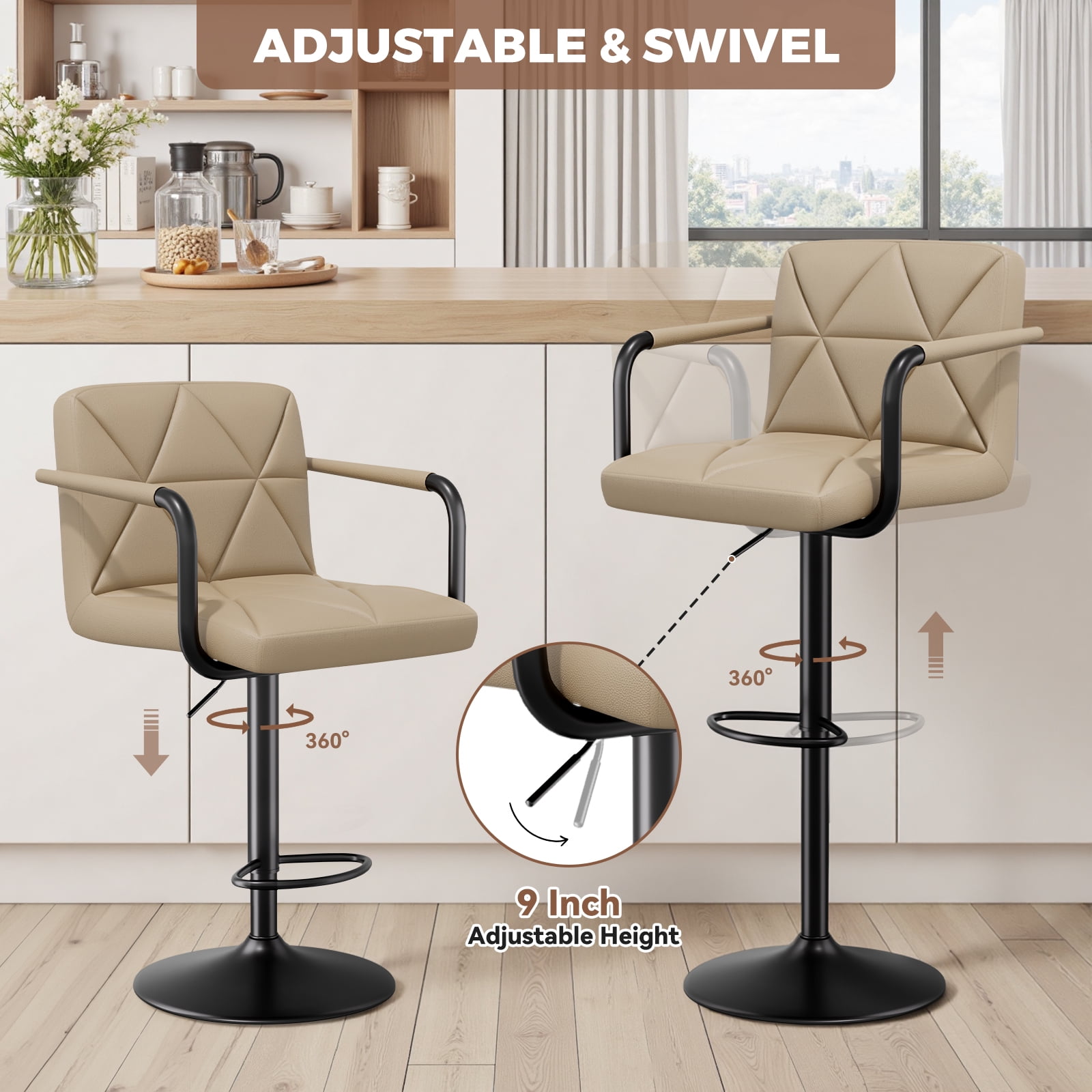 Daluvenix Bar Stools Set of 2， PU Leather Adjustable Swivel Barstools，Hydraulic Counter Height Bar Chairs with Armrest Back for Kitchen Island，Khaki