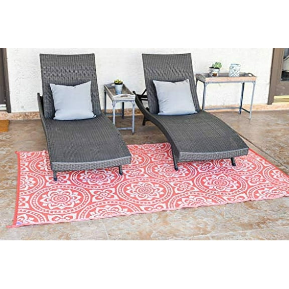 Reversible Mat 8x10 Foot Outdoor Polypropylene Pattern Patio Rug, Coral/White