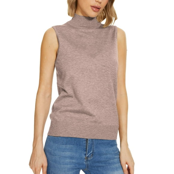Hontri Women's Pullover Sweater, Women Sleeveless Mock Neck Tops for Women Sweater Knit Turtleneck Soft Basic Vest Tank Lightweight Khaki Xl under $10