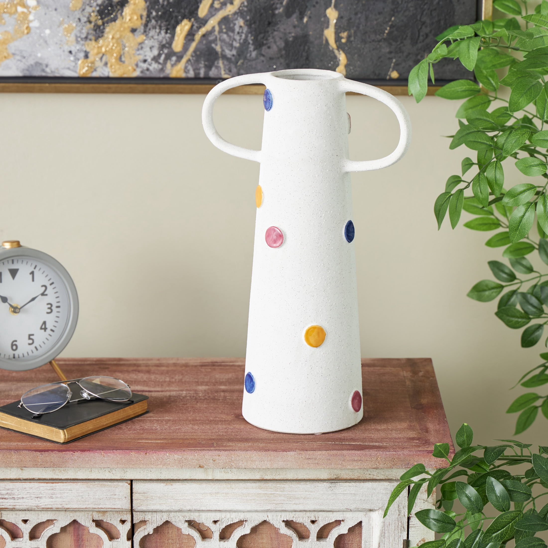 DecMode 16" Slim Cone White Ceramic Vase with Multicolor Spots and Handles