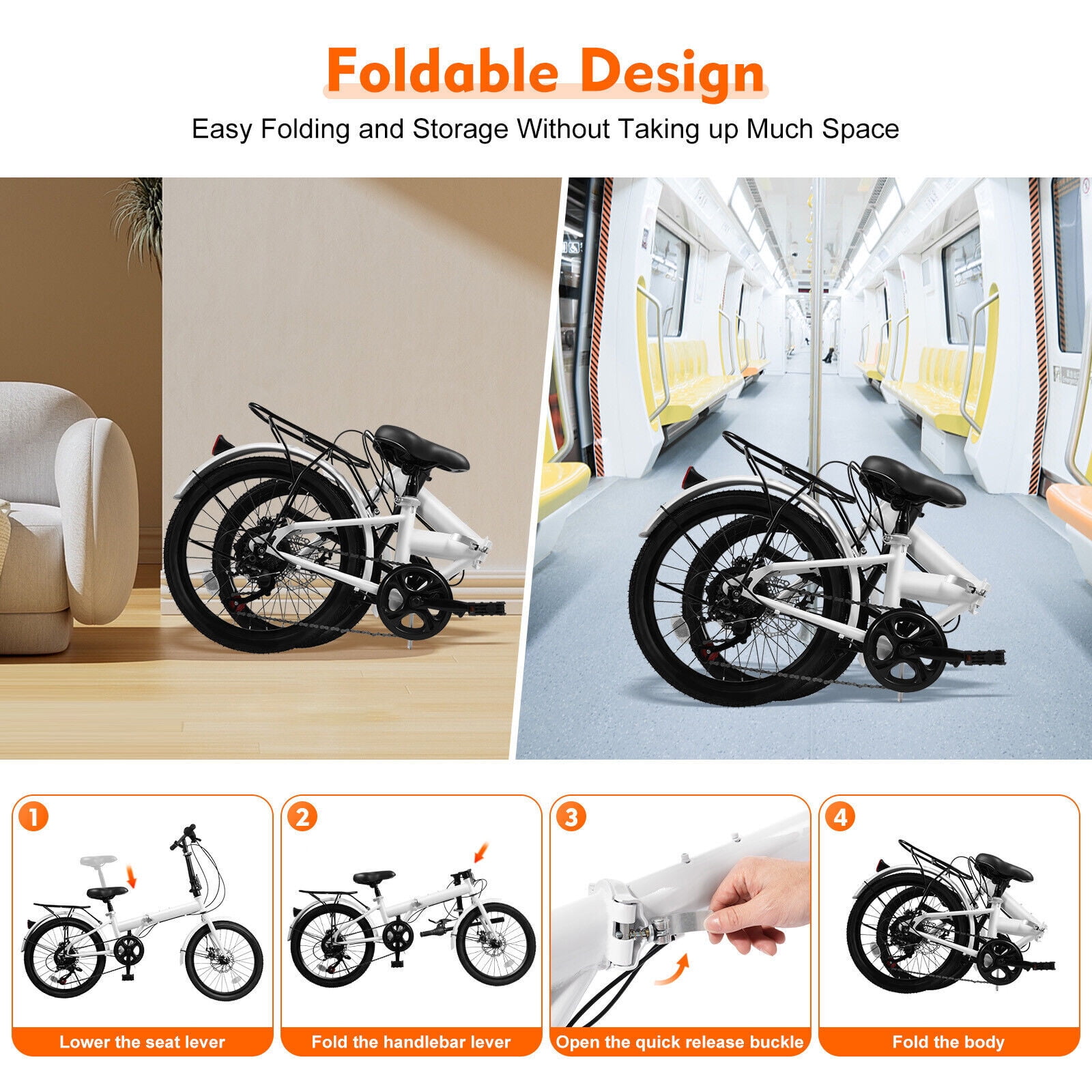 20-Inch Folding Mountain Bike with 7-Speed Gears, Front & Rear Disc Brakes, High Carbon Steel Frame, Adjustable Seat & Handlebars, Lightweight Commuter Bicycle