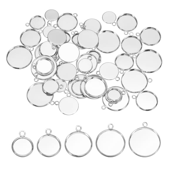 Uxcell 50Pcs Pendant Trays for Jewelry Making, 10/12/14/16/20mm Blank Pendants Iron Single-hanging Bezel Settings Flat Base for Necklace Bracelet Charm, Silver Tone