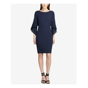 Angle View: DKNY Womens Navy Ruffled Bell Sleeve Jewel Neck Below The Knee Sheath Cocktail Dress  Size 12