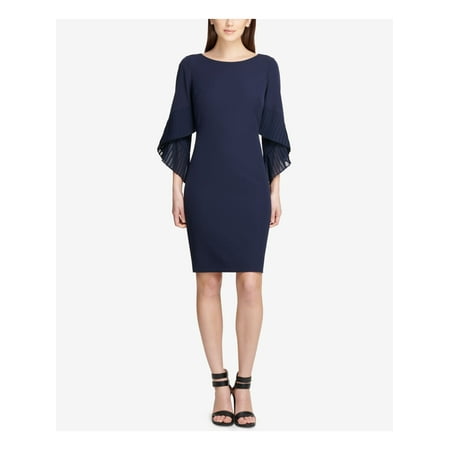 DKNY Womens Navy Ruffled Bell Sleeve Jewel Neck Below The Knee Sheath Cocktail Dress  Size 12