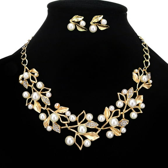 rygai 1 Set Bride Necklace Dazzling Rhinestone Hollow Leaf Splicing Elegant Noble High Gloss Faux Pearl Stud Earrings Kit Wedding Jewelry,Golden