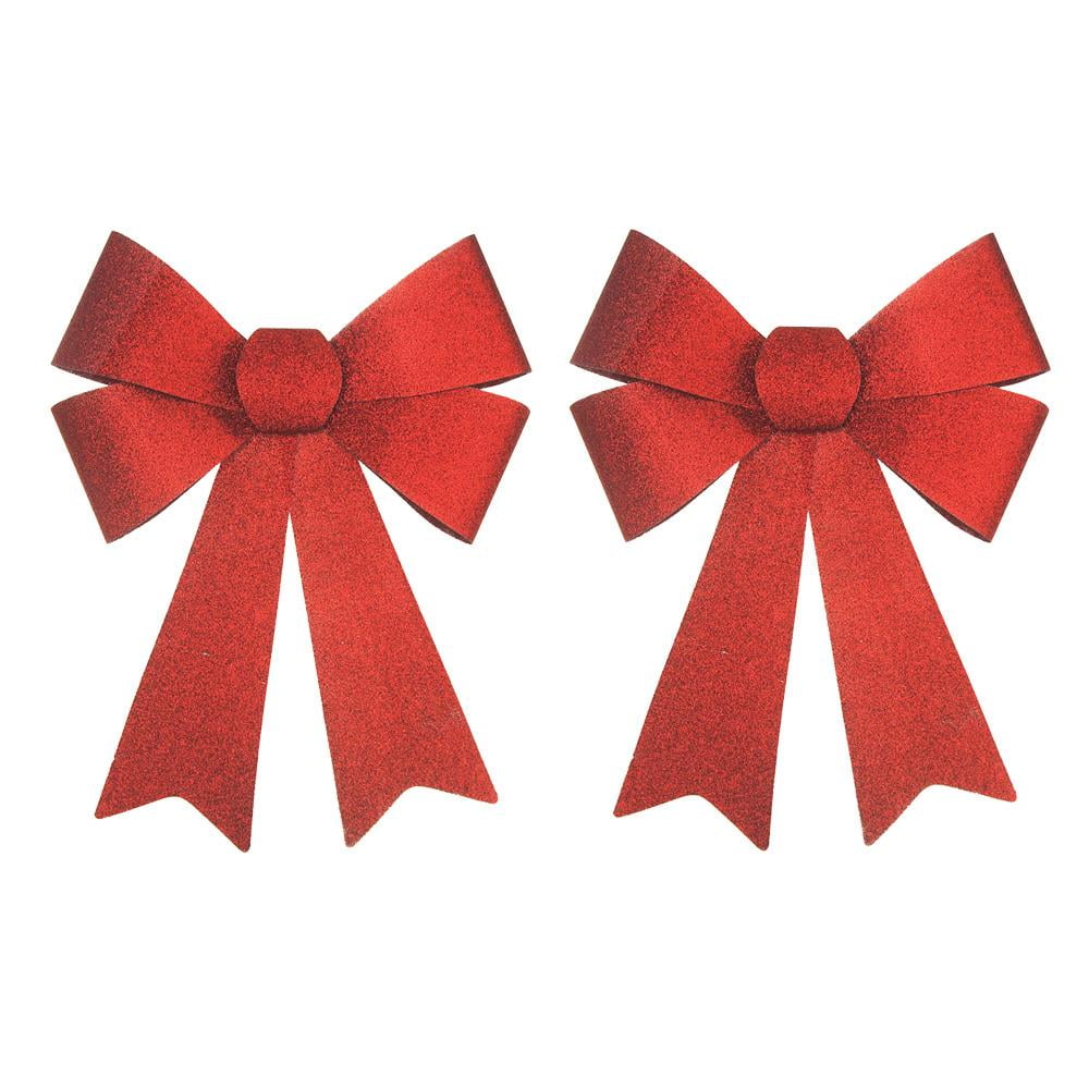 Plastic Christmas Large Bows with Glitters, Red, 14Inch, 2Piece
