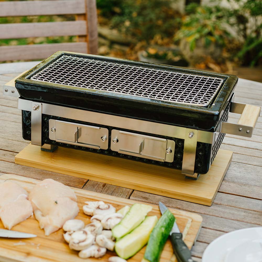 Ash & Ember 16" Hibachi Tabletop Grill And Skewer Set, Ceramic Charcoal Grill