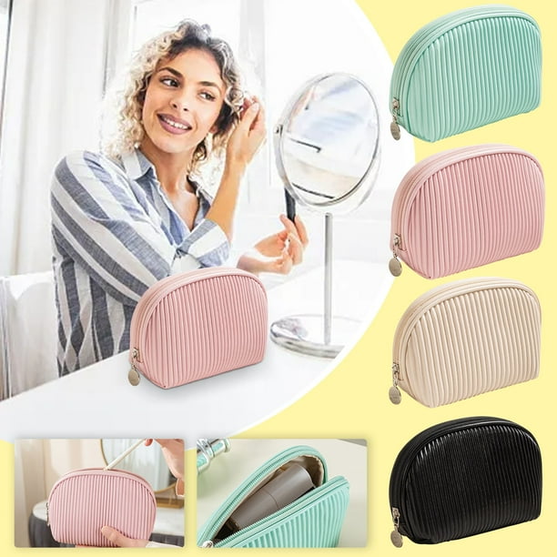 Bolsa de Maquillaje de Viaje, Diseño de Cuero Plisado, Portátil, Forma Semicircular, Fácil de Limpiar, Práctico Cierre de Cremallera, Almacenamiento de Joyas, Uso Diario o Viajes, Regalo para Mujer,