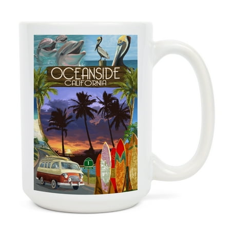 

15 fl oz Ceramic Mug Oceanside California Montage with Camper Van Dishwasher & Microwave Safe