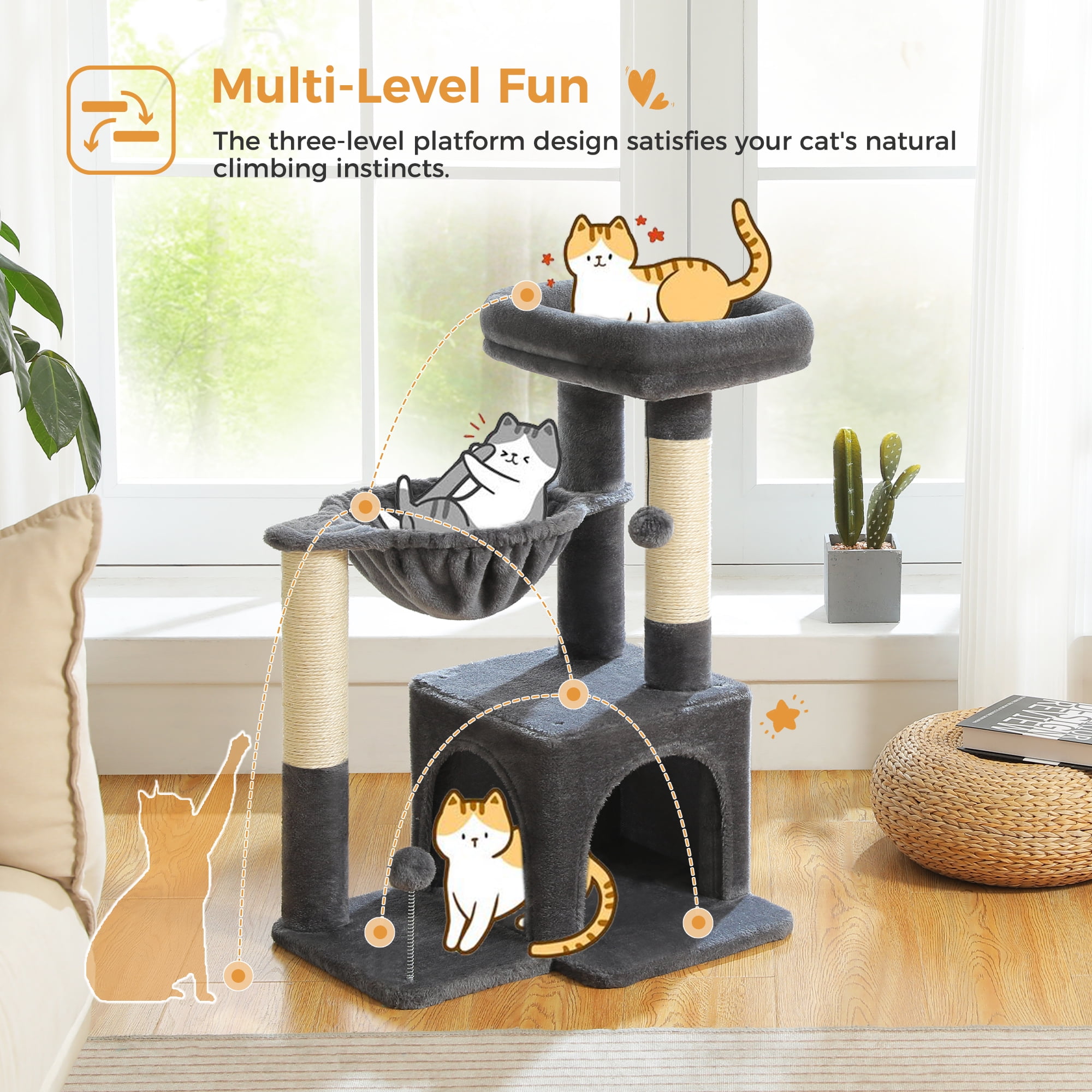 PAWZ Road Cat Tree 29.5" Sisal Cat Scratching Posts Tower Hammock Top Perch for Indoor Cats,Dark Gray
