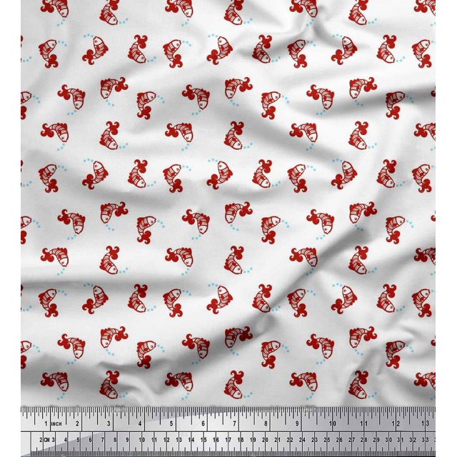Soimoi Poly Georgette Fabric Bubbles & Fish Ocean Print Sewing Fabric Yard 52 Inch Wide