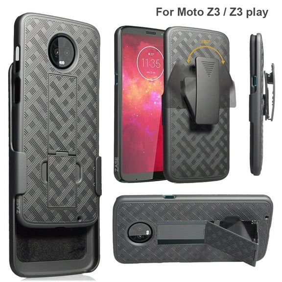 Moto Z3 Verizon [ZASE] Design Holster Case, Moto Z3 Play XT1929 Belt Clip Black Case Tough Rugged Armor Slim Protective Shell Defender Swivel Lock Clip [Kickstand] for Moto Z3