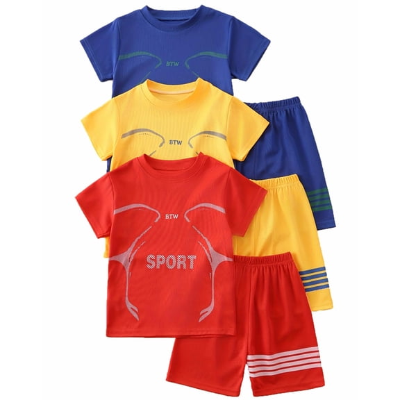 Jolyshlid Boys 6 Piece summer outfits Athletic short sleeve and Quick Dry Shorts Kids Clothing Set Red Yellow Blue 7-8 Years