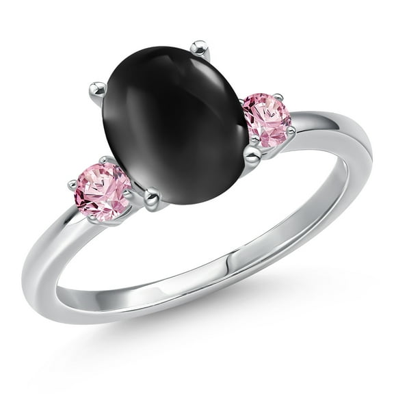 Gem Stone King 14K White Gold Black Onyx and Pink Lab Grown Diamond Engagement Ring for Women | 2.86 Cttw | Oval Cabochon 10X8MM | Gemstone December Birthstone | Size 5