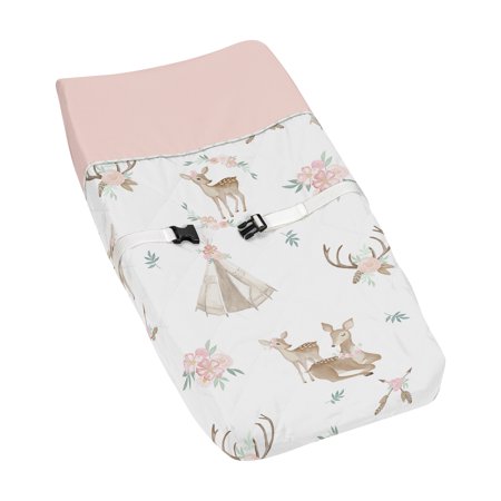 UPC: 0846480065883 | Deer Floral Blush Pink  Mint Green and White Changing Pad Cover by Sweet Jojo Designs