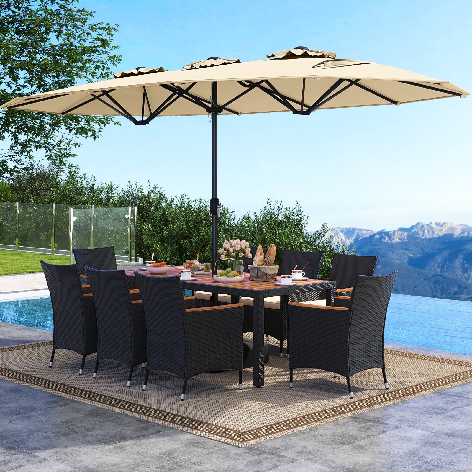 Costway 11 PCS Patio Wicker Dining Set with Double-Sided Outdoor Umbrella 8 Stackable Chairs
