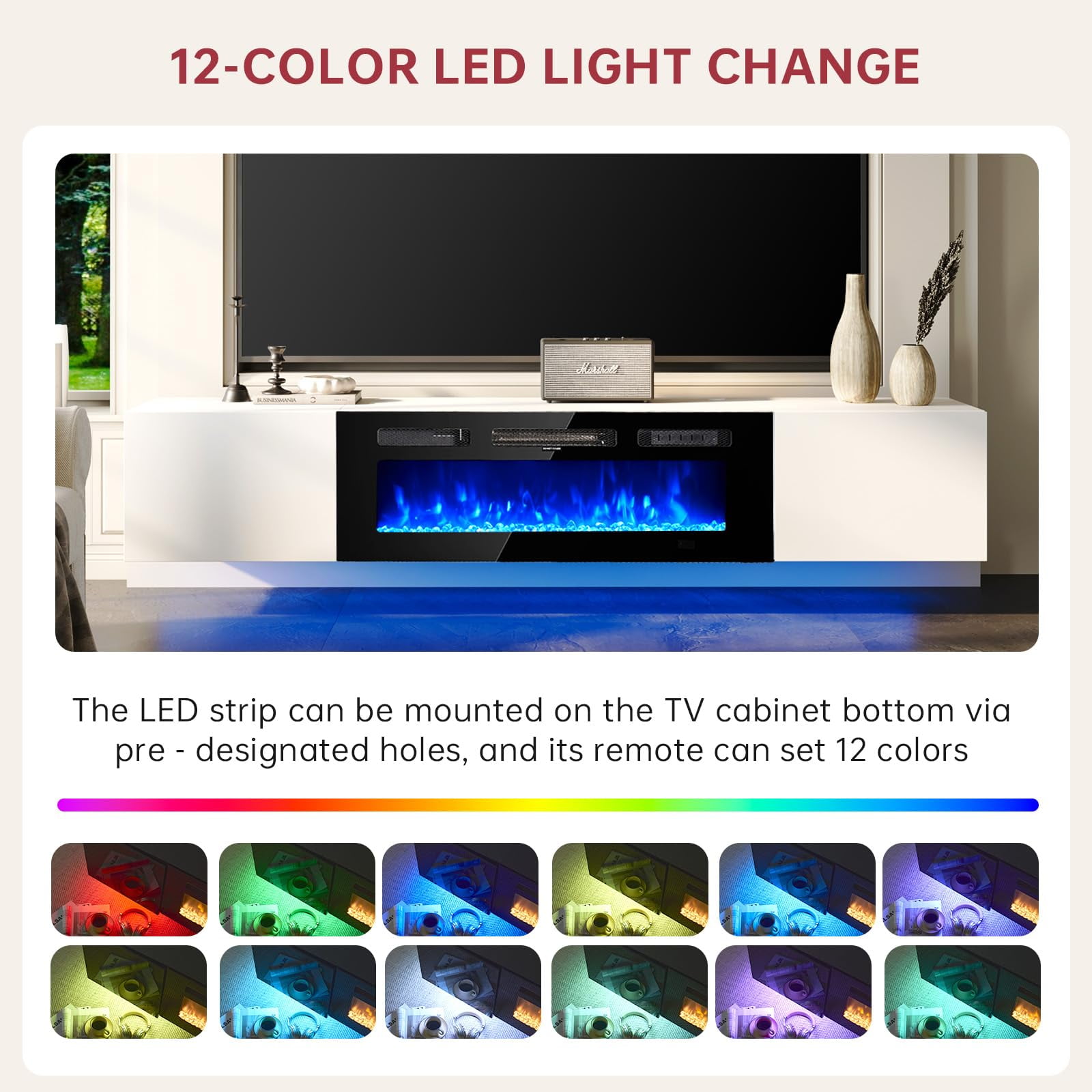 Easoger Floating TV Stand with 36" Electric Fireplace, Wall Mounted Fireplace Entertainment Center with Storage for TVs Up to 80", Adjustable Partition, Black/White (White TV Stand + Black Fireplace)