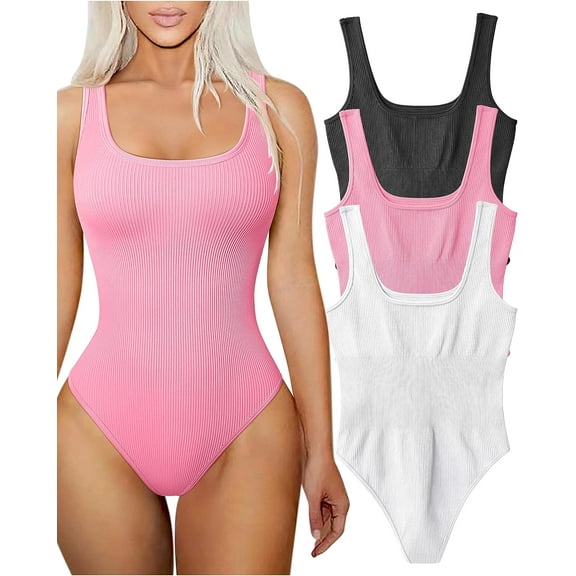 Women's 3 Piece Bodysuits Sexy Ribbed Square Neck Sleeveless Tank Tops Bodysuits
