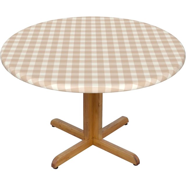 Round Fitted Tablecloth 54 Inch, Beige Gingham Fitted Round Table Cover Fitted Tablecloth Waterproof Table Cloth Farmhouse Tablecloth for Kitchen Dinning Tabletop Outdoor