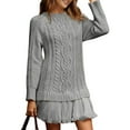 thumbnail image 3 of Robe Chandail en Tricot Torsadé pour Femmes, Col Ras du Cou, Manches Longues, Mini-Robe Plissée, Style Deux-en-un, Robe Patchwork, Gris, G, 3 of 7