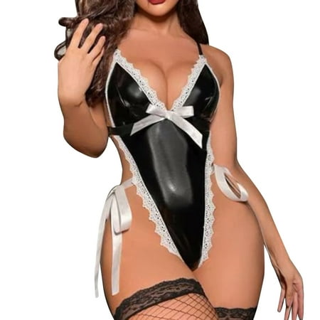 

Lingerie For Women Plus Size Black Halter Lace Up Leather Backless Teddy Lady Bodysuit Latex Underwear Lingerie Bodysuit